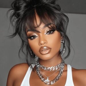 Beauty Forever Black Fluffy Natural Loose Wave Curtain Bangs Wig Glueless Wigs Human Hair Pre Plucked Pre Cut 7x5 Bye Bye Knots Lace Closure Ready to Wear Wig for Women 180% Density 16 Inch