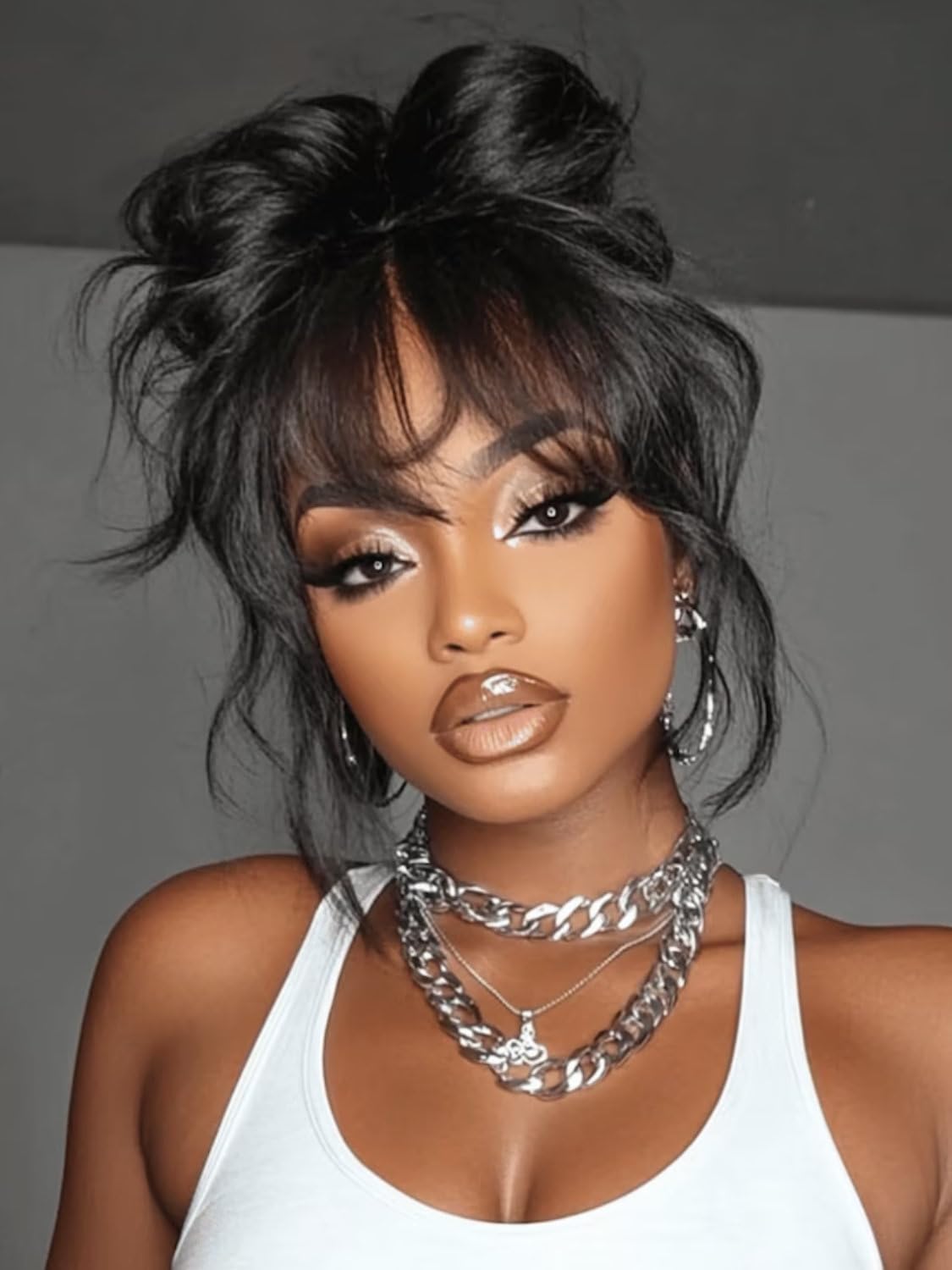 Beauty Forever Black Fluffy Natural Loose Wave Curtain Bangs Wig Glueless Wigs Human Hair Pre Plucked Pre Cut 7x5 Bye Bye Knots Lace Closure Ready to Wear Wig for Women 180% Density 16 Inch