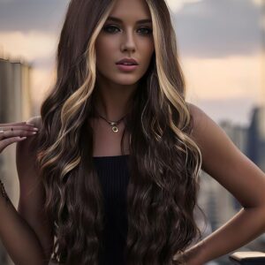 Long Brown Wig for Women 26Inch Wavy Curly Brown Highlight Blonde Hair Wigs Synthetic Hair Replacement Wig Heat Resistant Hair Wig for Daily Party Use Halloween Costume Wigs