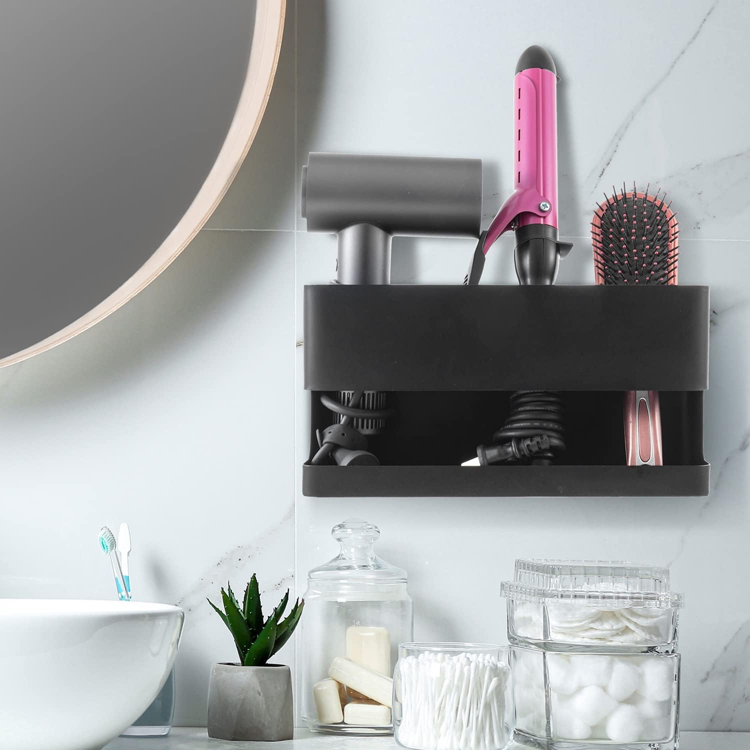Black 3-in-1 Metal Hair Tool Organizer for Wall Mounting Hair Dryers Curling Irons Straighteners Brushes - Image 2