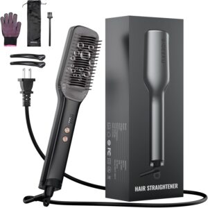 Hair Straightener Brush, Negative Ion Flat Iron & Straightening Comb 2 in 1 with Convenient Comb, Fast Heating, Anti-Scalding, 30s Fast Heating, 5 Temp Settings 284℉ - 392℉ (Gunmetal Gray)