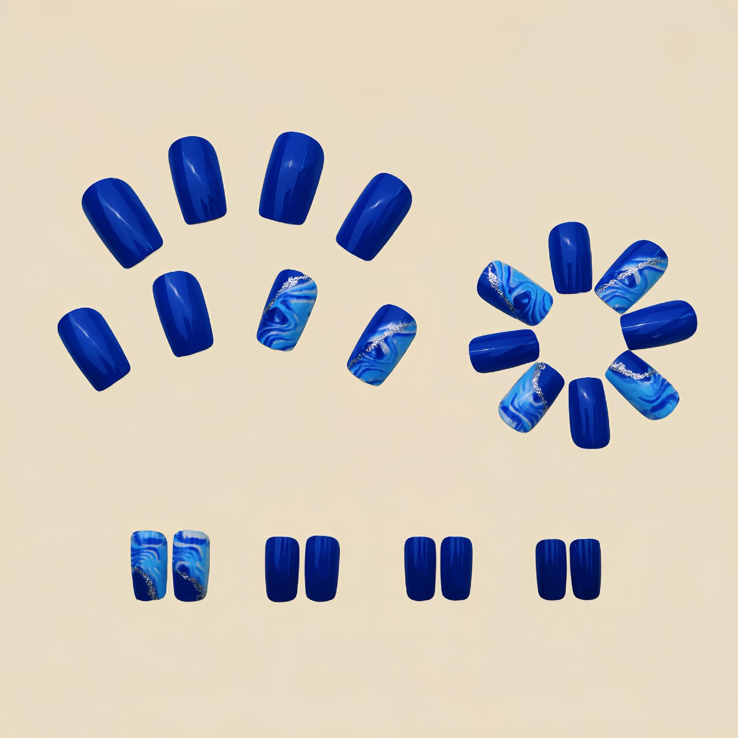 Press on Nails Square Medium Length Glossy Full Cover Acrylic Blue False Nails with Marble Designs Artificial Short Coffin Fake Nails Glue ons Nails Stick on Fingernails for Women Girls - Image 3