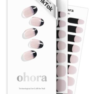 ohora Semi Cured Gel Nail Strips (N Chic French) - Black, French, Works with Any UV/LED Lamps, Salon-Quality, Long Lasting, Easy to Apply & Remove - Includes 2 Prep Pads, Nail File & Wooden Stick
