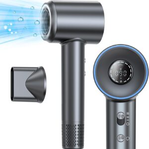 Hair Dryer, 1400W Negative Ionic Hair Dryer, Professional High Speed Hairdryer for Fast Drying, 3 Speeds and 5 Temps with HD Display, Low Noise Blow Dryer for Home Salon-Grey
