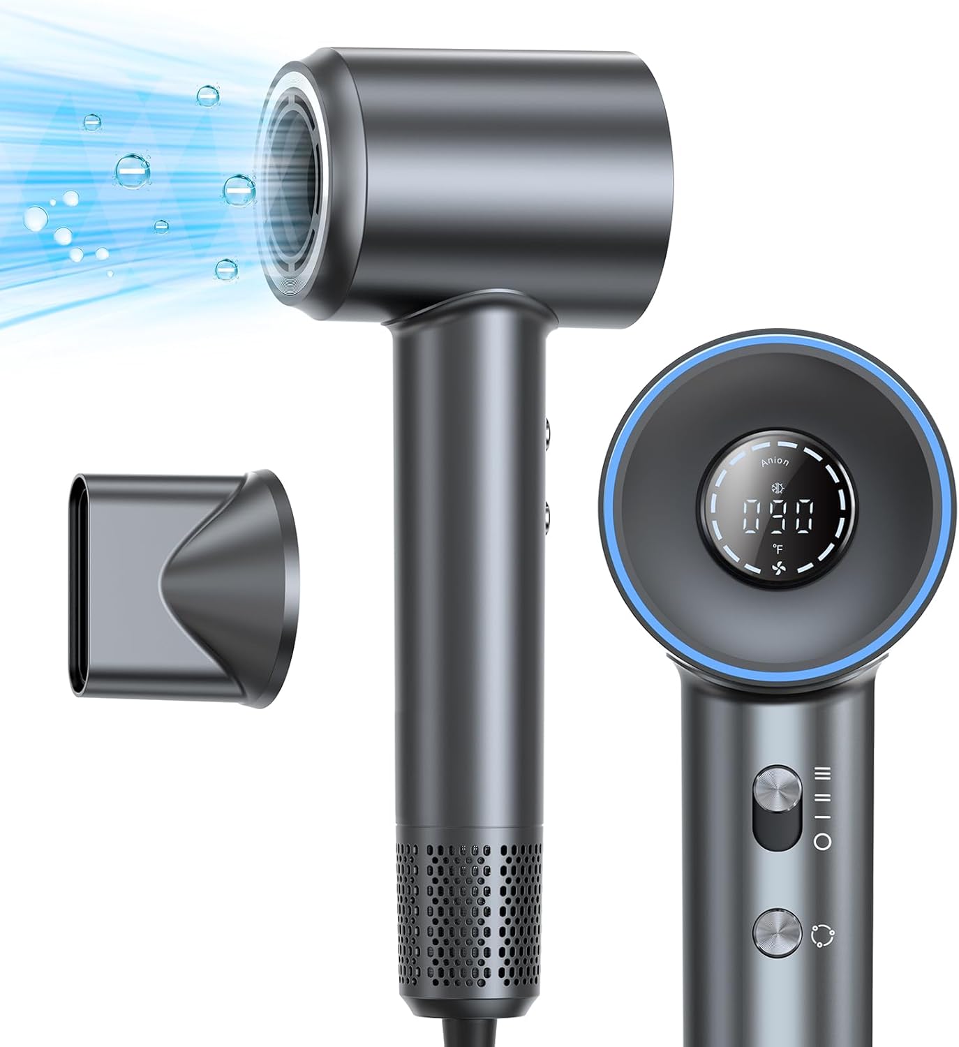 Hair Dryer, 1400W Negative Ionic Hair Dryer, Professional High Speed Hairdryer for Fast Drying, 3 Speeds and 5 Temps with HD Display, Low Noise Blow Dryer for Home Salon-Grey