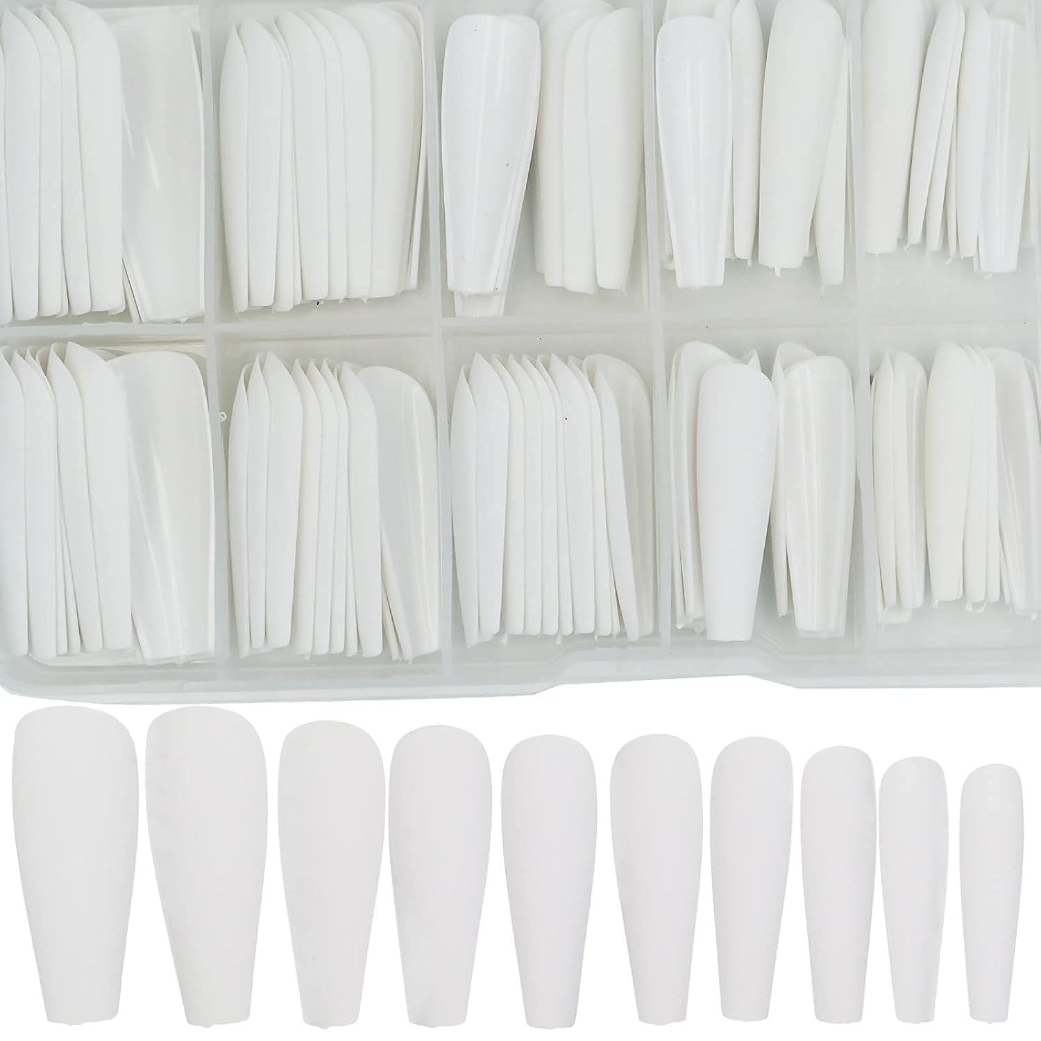 AddFavor 100pcs Coffin Fake Nails Full Cover Long Press on Nails Pure Color Matte Acrylic False Nail Tips for Women and Girls (White)