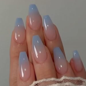 Square Fake French Nails False Long Nails Full Cover Acrylic Long Fake Nails for Women and Girls 24PCS (Blue shiny)