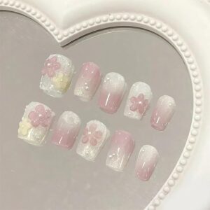 Handmade Short Press on Nails Square Flower Fake Nails 3D Pearl Floral Stick on Nails Pink French Tip False Nails Cute Acrylic Nails Short Coffin Artificial Glue on Nails for Spring Summer Nails 10Pcs