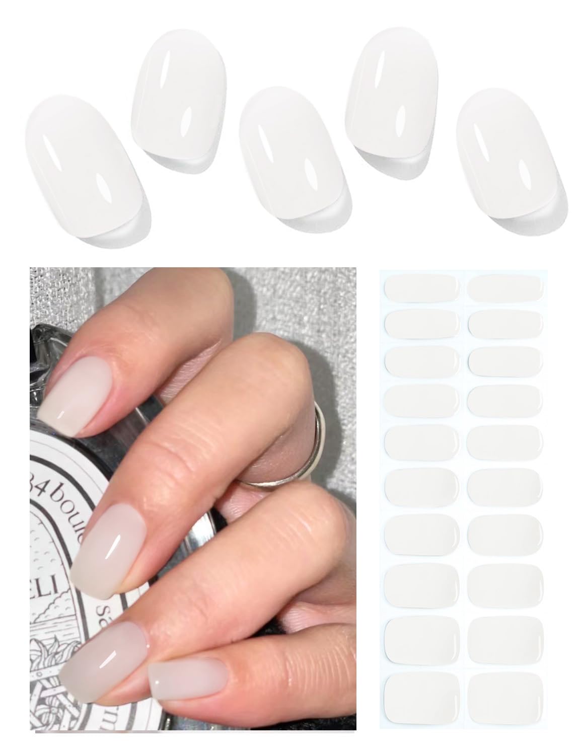 Semi Cured Gel Nail Strips, Jelly Milky White 20pcs Gel Nail Stickers Work with UV, Gel Nail Wrapsfor Home Nail Art DIY, Easy to Use and Remove