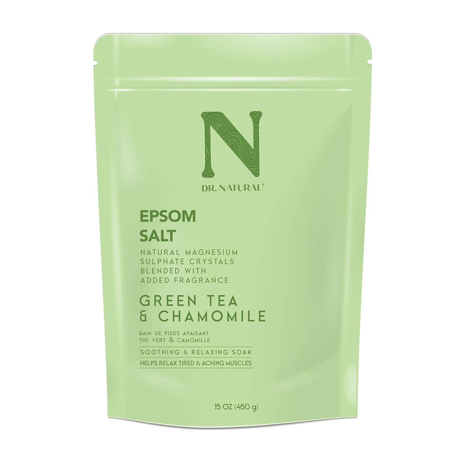 Dr. Natural Epsom Salt - Bath Salts for Stress Relief - Relaxing, Softening Epsom Salt Bath Soak - Magnesium Boost - Green Tea and Chamomile - 15 oz