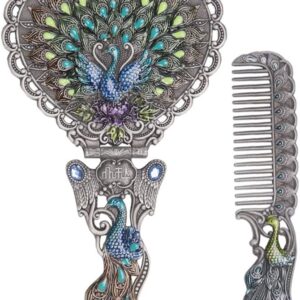 Nerien Vintage Peacock Metal Mirror Comb Set Antique Heart-shaped Handheld Vanity Mirror Comb Set Antique pewter