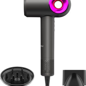 Hair Dryer, High-Speed Ionic Low Noise Blow Dryer with Diffuser for Fast Drying, Professional 500 Millions Negative Ionic Thermo-Control Hairdryer, Travel with Magnetic Diffuser & Nozzle