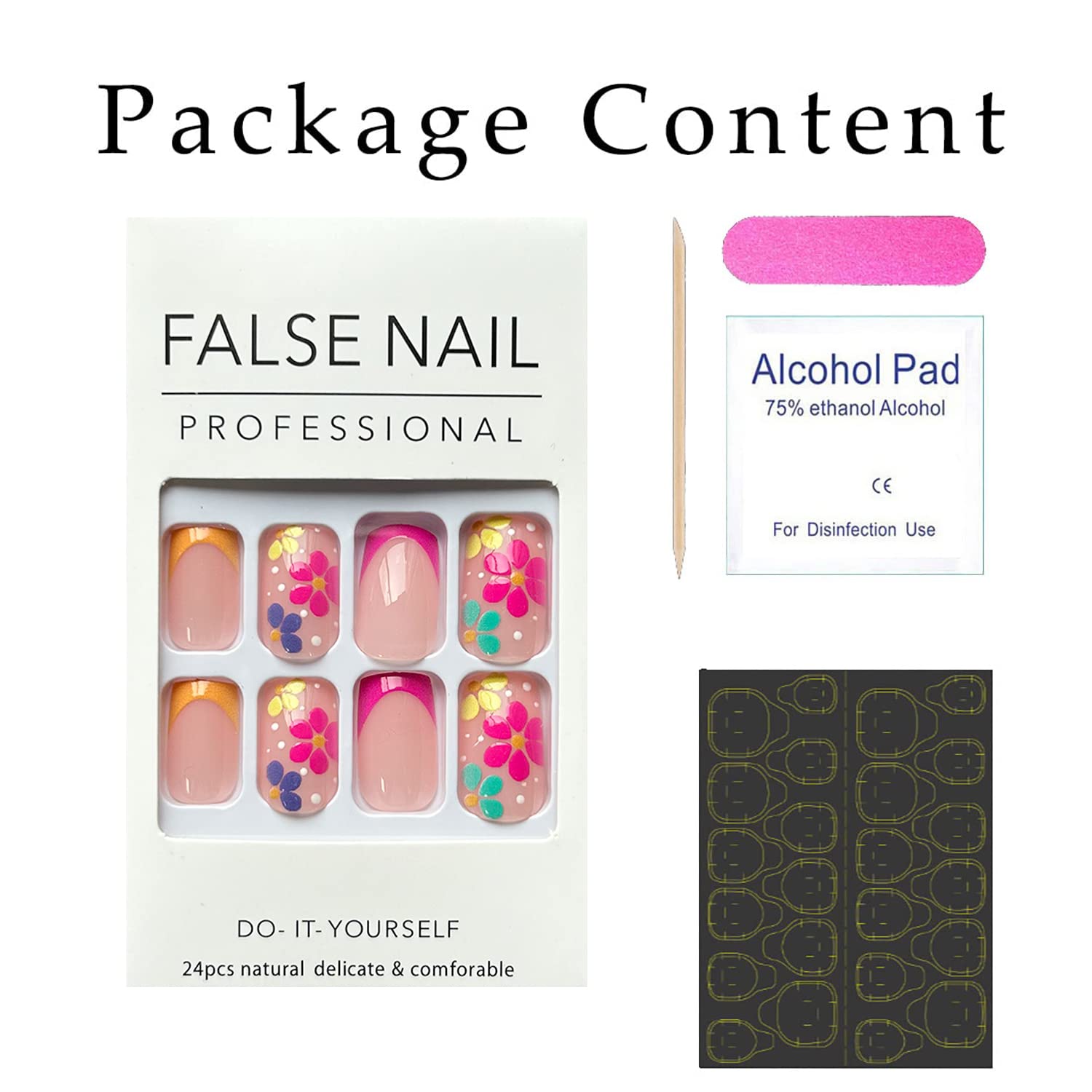 French Tip Press on Nails Short Square Fake Nails Nude Pink False with Flower Designs Acrylic Artificial Nails Full Cover Glue on Nails Stick on Nails for Women Girls - Image 7
