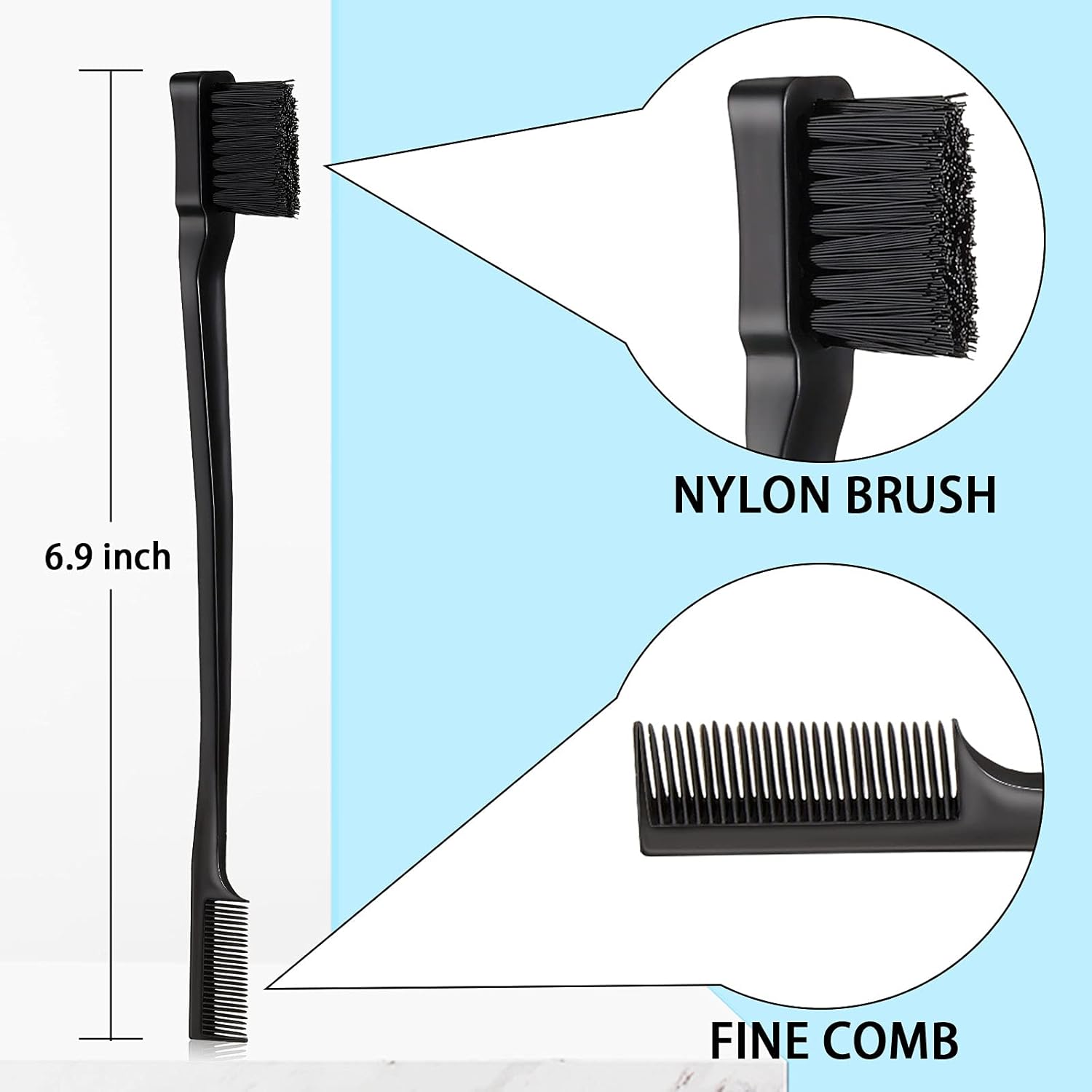 Geiserailie 3 Pcs Slick Back Hair Brush Set Bristle Brush Edge Control Teasing Comb for Women Black Hair(Black) - Image 2