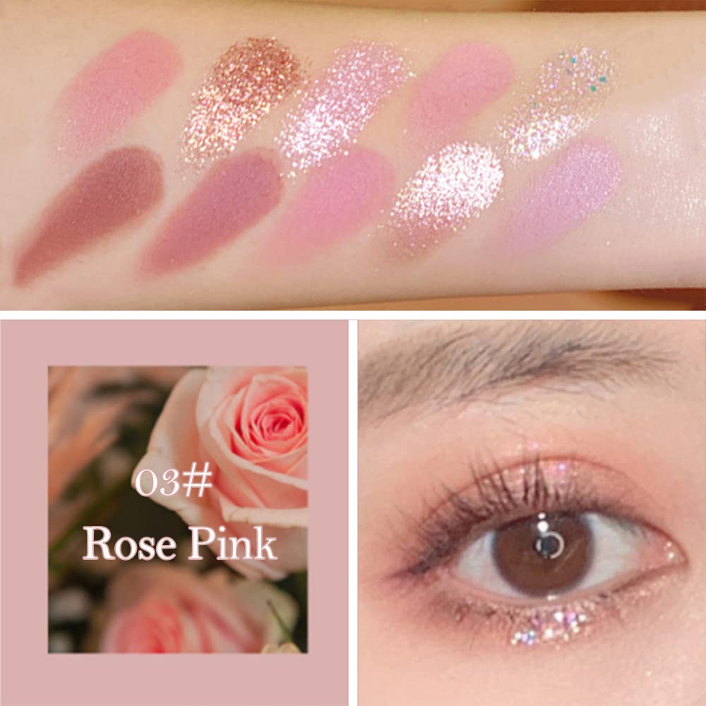 Erinde 10 Colors Eyeshadow Palette Makeup - Matte Shimmer Glitter Eye Shadow, Natural-Looking Korean Eye Makeup, Ultra-Blendable, High Pigmented, Pink Christmas Eyeshadow Palette with Brush, Rose Pink - Image 2