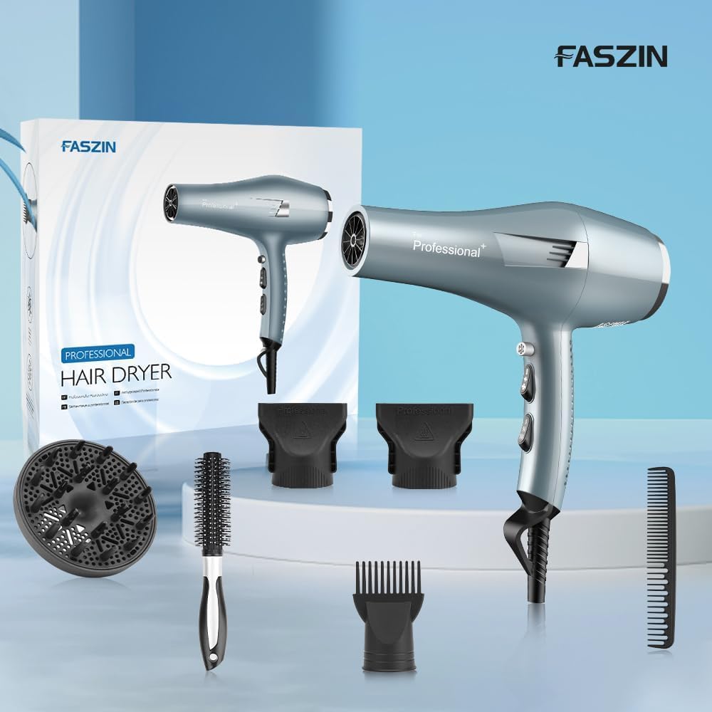 Ionic Salon Hair Dryer, Professional Blow Dryer AC Motor Fast Drying with 2 Speed, 3 Heat Setting, Cool Button, with Diffuser, Nozzle, Concentrator Comb for Curly & Straight Hair-Blue - Image 7