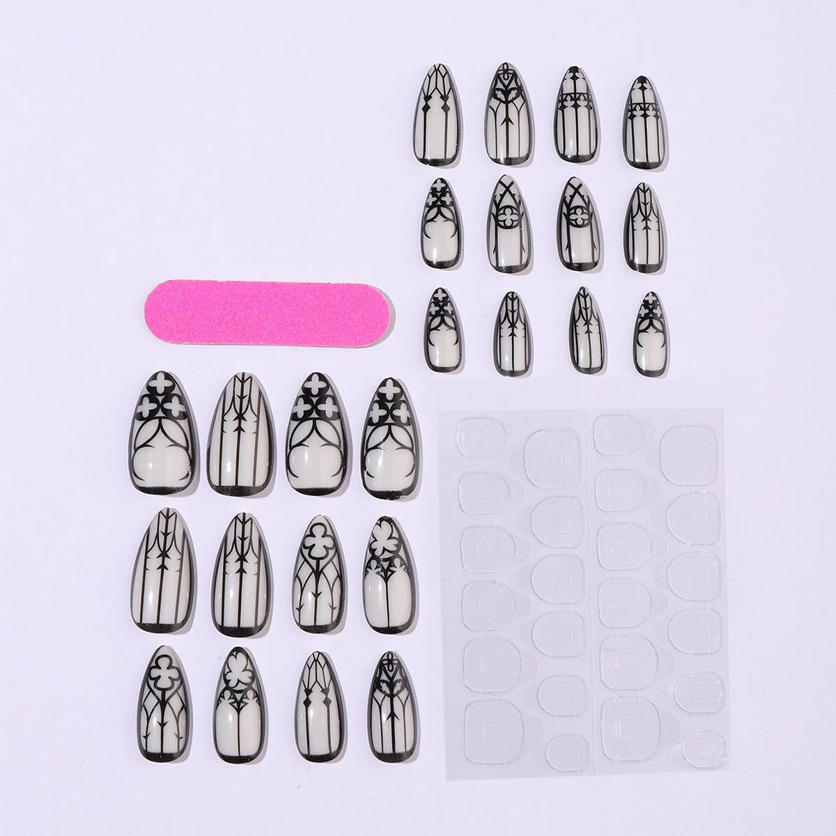Almond Press on Nails Medium Length Fake Nails Black Goth Acrylic Glue on Nails Glow in the Dark False Nails with Designs Full Cover Glue on Nails Reusable Artificial Nails for Women 24Pcs - Image 6