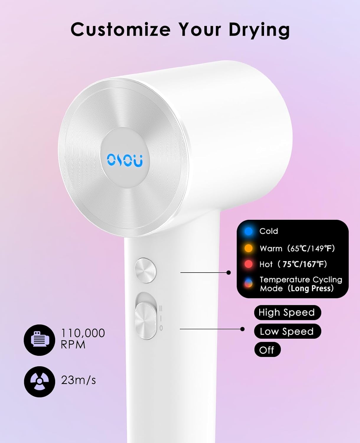 Hair Dryer, Negative Ionic Hair Dryer, High-Speed Blow Dryer with 110, 000 RPM Brushless Motor, Fast Drying Lightweight Travel Hairdryer, Low Noise Home Hair Dryer with Smooth Nozzle - Image 3