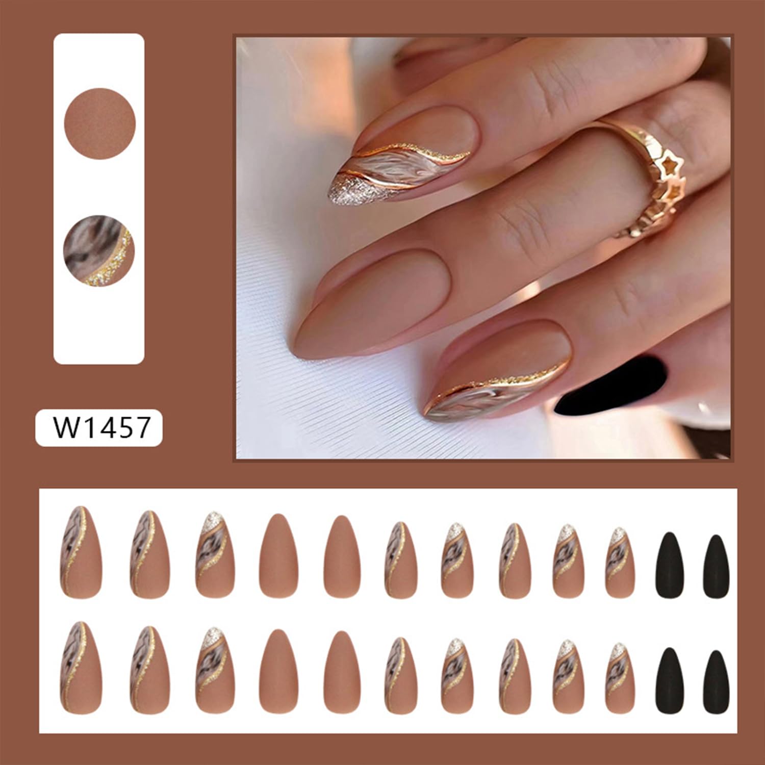 Almond Press Nails - Brown False Nails With Gold Line Marble Texture Designs, Full Cover Stick on Acrylic Artificial Nails for Women Girls, 24Pcs - Image 2