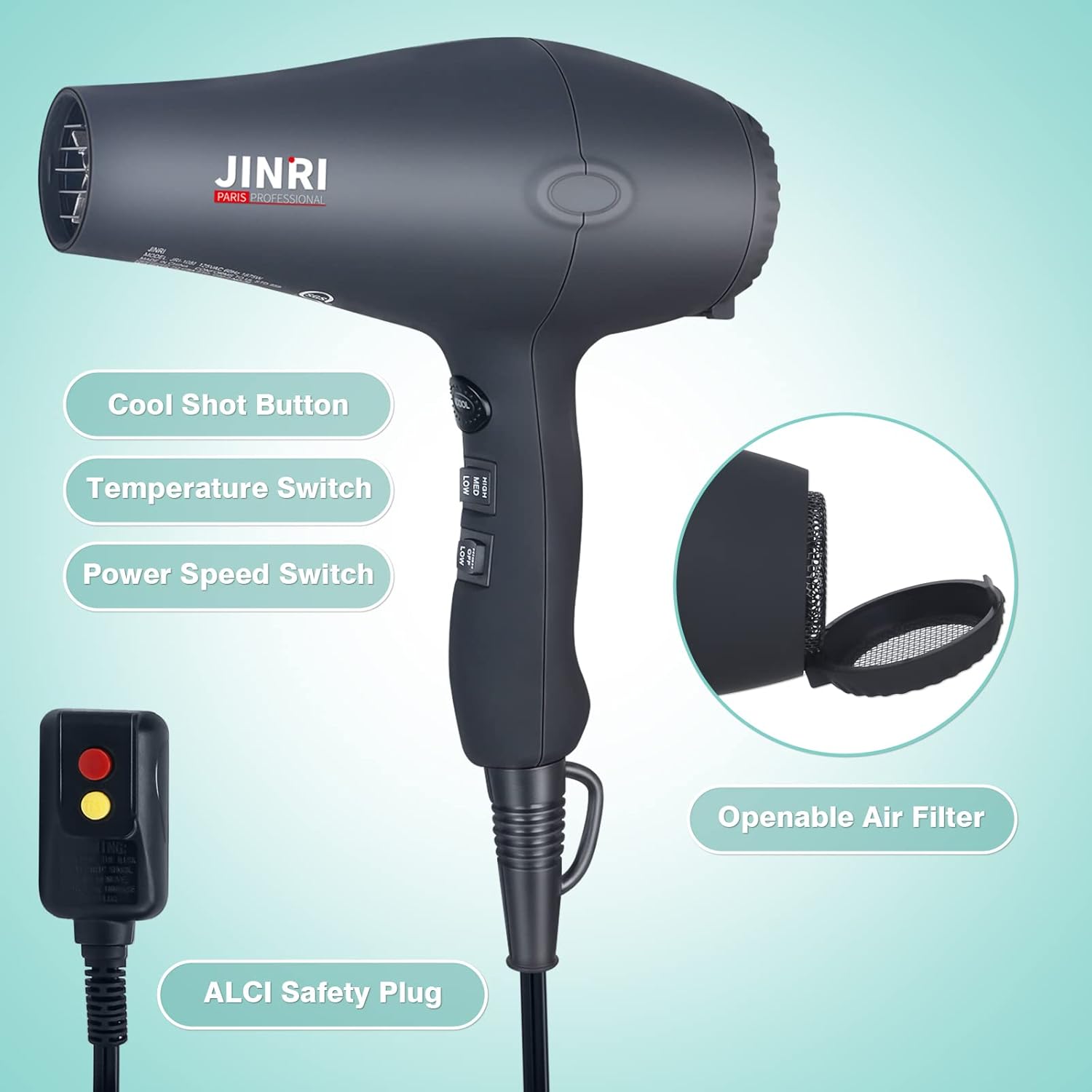 1875w Professional Tourmaline Hair Dryer,Negative Ionic Salon Hair Blow Dryer,DC Motor Light Weight Low Noise Hair Dryers with Diffuser & Concentrator & Comb - Image 6