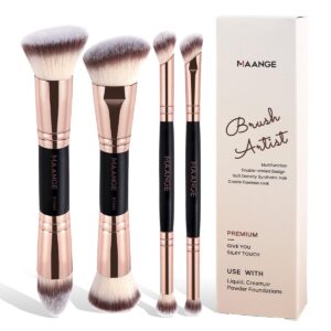 MAANGE Makeup Brushes Set, 4Pcs Premium Double-Ended Makeup Brush Foundation Contour Blush Highlight Blending Concealer Eyeshadow Brush Set Professional Face Brush Tools (Black/Gold)