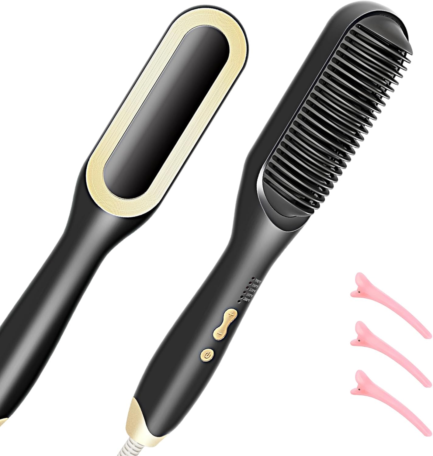 Hair Straightener Brush-Ionic Hair Brush Straightener for Women with 5 Temp Settings,Fast Heating & Dual Voltage Hair Straightening Comb,Anti-Scald & Auto-Shut Off (Black)