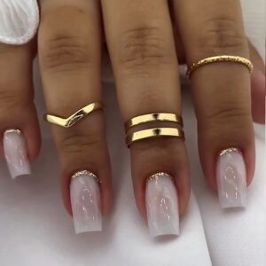 False Nails, 24Pcs Press on Nails Medium Ballerina Clear Acrylic, White Marble Texture Designs, Full Glossy Glue on Nails for Women