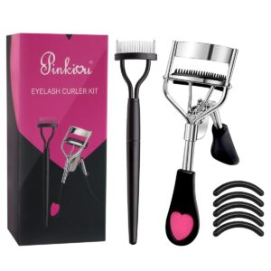 Pinkiou Eyelash Curlers with Comb and Eeylash Separator Set Professional Lash Curler with Built-in Comb Ergonomic Heart-Shaped Handle and Eyelash Comb Tool for Daily Makeup