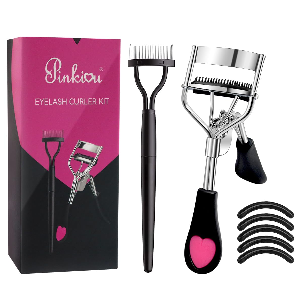 Pinkiou Eyelash Curlers with Comb and Eeylash Separator Set Professional Lash Curler with Built-in Comb Ergonomic Heart-Shaped Handle and Eyelash Comb Tool for Daily Makeup
