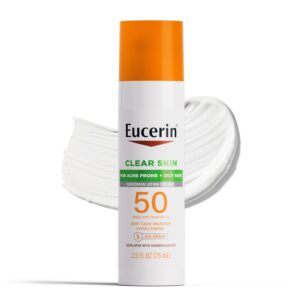 Eucerin Sun Clear Skin Face Sunscreen Lotion SPF 50 for Acne Prone Skin, Hypoallergenic, Fragrance Free Sunscreen SPF 50 with Oil-Absorbing Minerals, 2.5 Fl Oz Bottle