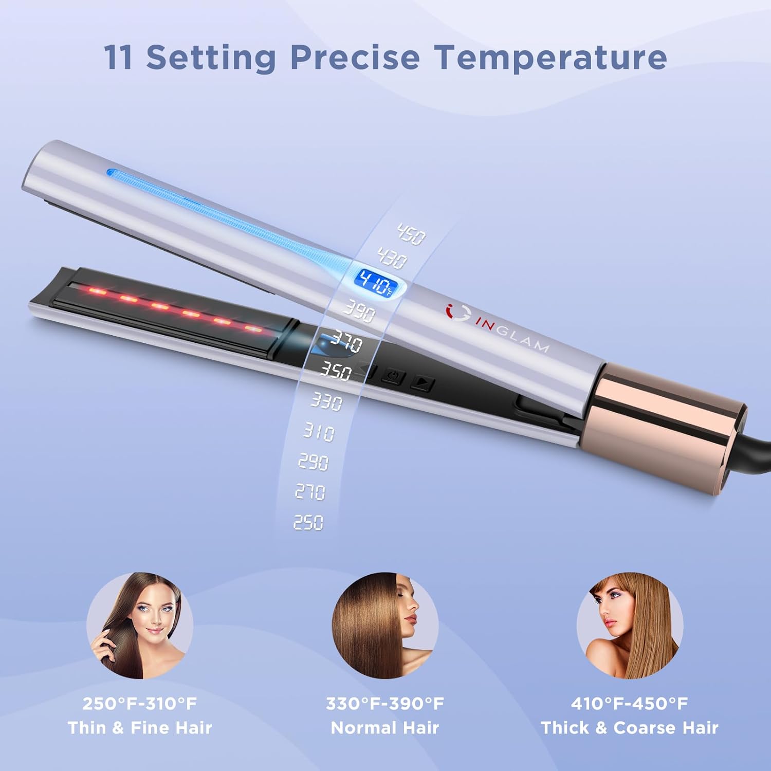 IG INGLAM Titanium Flat Iron Hair Straightener, Curling Iron 1 Inch, Infrared Negative Ionic Hair Straightener 11 Adjust Temp 250°F to 450°F, Shiny Hair Dual Voltage 110-240V, Gift, Purple - Image 4