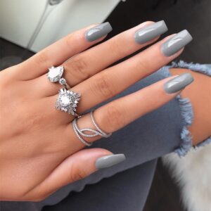 KQueenest Dark Grey Press on Nails Medium Long Square, Acrylic Fake Nails Natural, Long Coffin Nails Press on, Thick Glue on Nails Long, DIY Salon Manicure for Girls