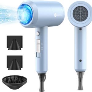 slopehill Professional Ionic Hair Dryer, Powerful 1800W Fast Drying Low Noise Blow Dryer with 2 Concentrator Nozzle 1 Diffuser Attachments for Home Salon Travel (Matte Blue)