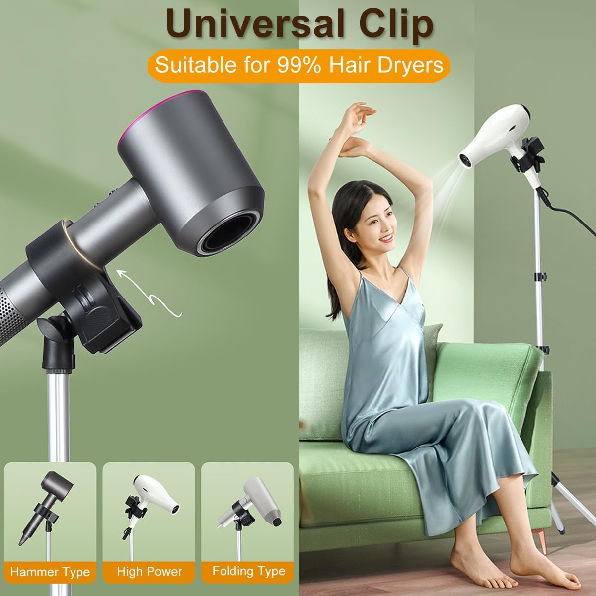 Hair Dryer Stand Hands Free, Portable Hair Dryer Holder Stand with Clamp & Non-Slip Quadpod, 63in/160CM Adjustable Floor Blower Stand Holder, Heavy Duty 360° Rotatable Foldable Lazy Hairdryer Standup - Image 5