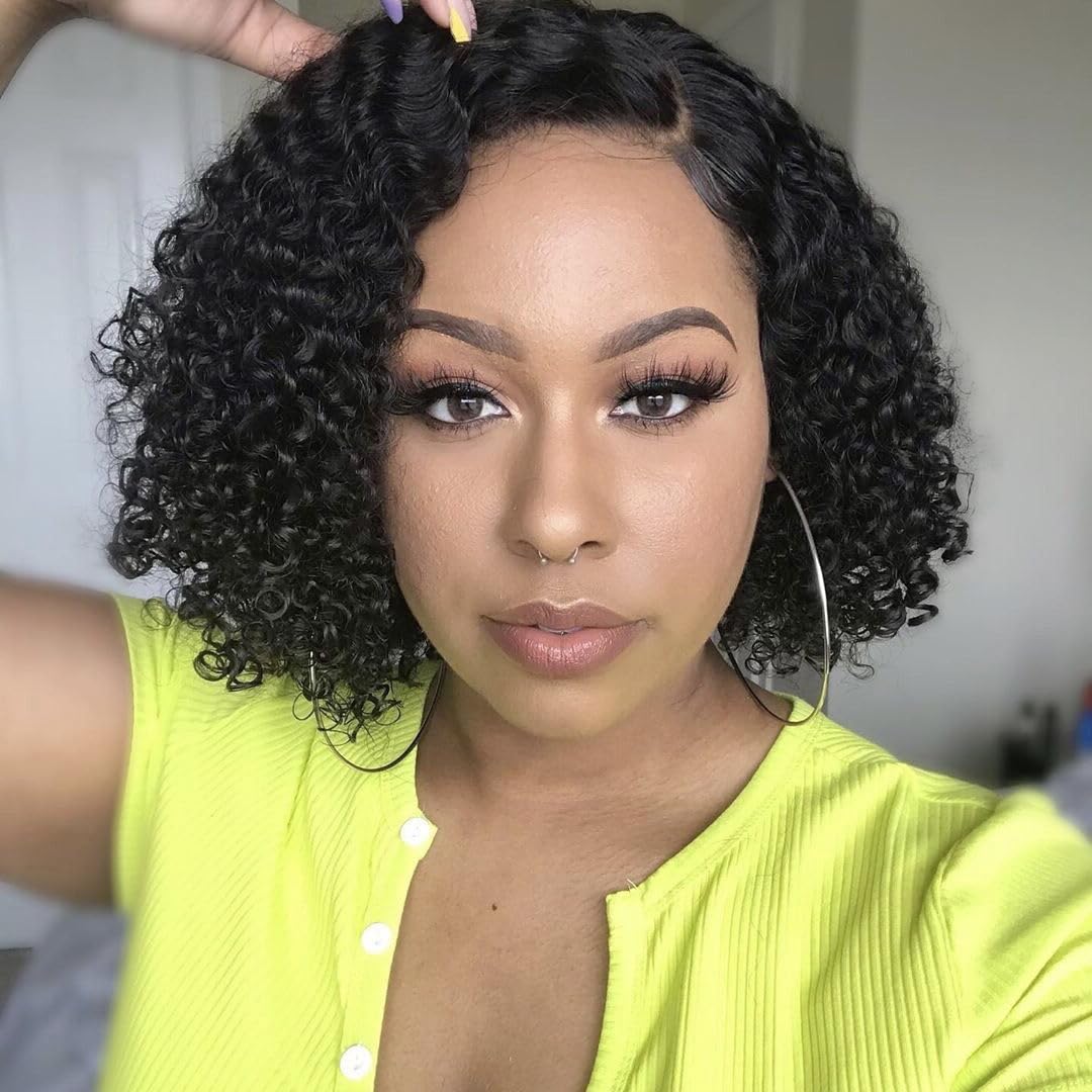 Glueless Wigs Human Hair Pre Plucked Pre Cut, Short Curly Deep Wave Lace Front Wigs Human Hair, 180% Density Wear and Go Glueless Bob Wig Human Hair for Women 8 Inch Natural Black