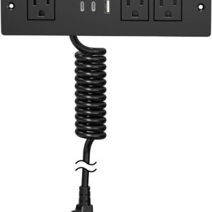 Furniture Drawer Outlet, Recessed Power Strip with (3) PD 20W USB Ports Fast Charging & (3) 15 Amp AC Outlets, (14 AWG) 5 FT Spring Black Cord