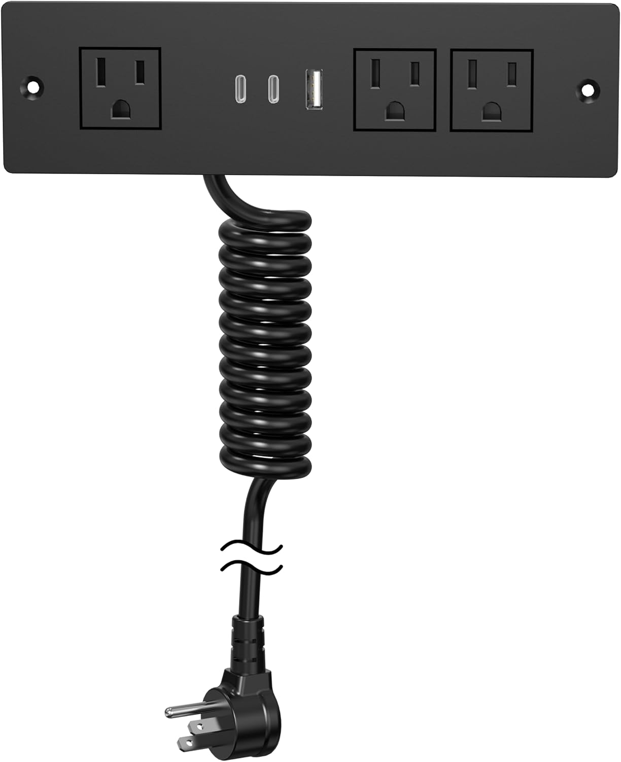 Furniture Drawer Outlet, Recessed Power Strip with (3) PD 20W USB Ports Fast Charging & (3) 15 Amp AC Outlets, (14 AWG) 5 FT Spring Black Cord
