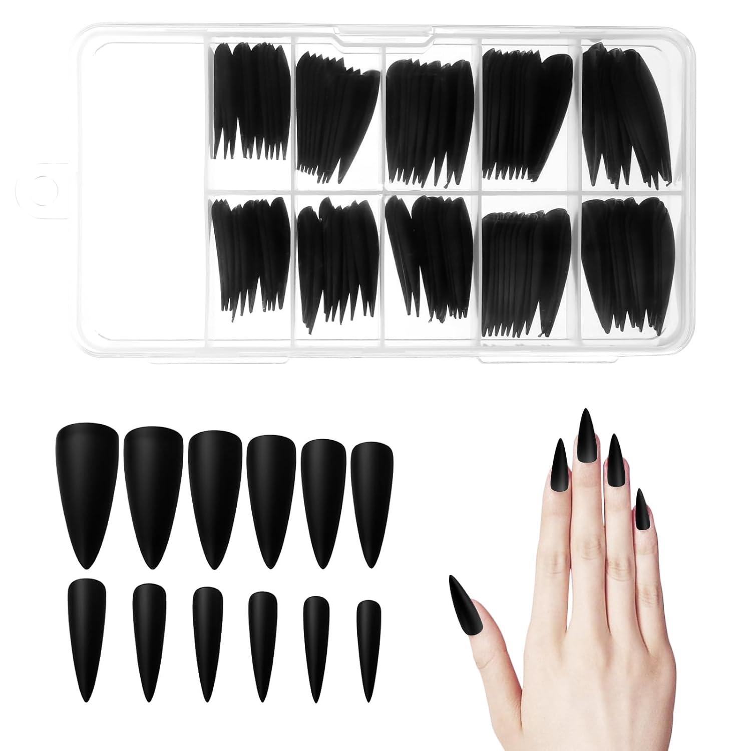 Stiletto Press on Nails, 100 PCS 10 Sizes Black Stiletto Nails Matte Black Press on Nail Artificial Solid Color Full Cover Acrylic Fake Nail Tips for Women and Girls DIY Manicure
