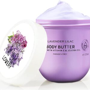 Lavender Lilac Body Butter - Shea Cream with Jojoba Oil & Vitamin E - Hydrating Natural Moisturizer for Hands - 5.74 Fl Oz