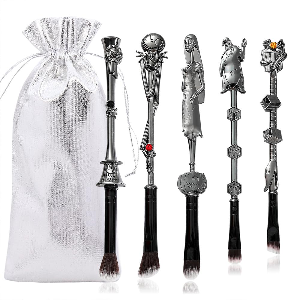 Nightmare Before Christmas Makeup Brushes - 5pcs Corpse Bride Anime Make Up Brush Set Silver Drawstring Bag Included (NEW 5Pcs)
