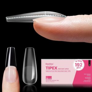 Beetles Tipex Instant Apex Nail Tips,192Pcs Pre-building Pre-Etched Gel Nail Tips Long Coffin Thicker Acrylic Nails Strong Full Cover False Nail Extension Building Gel Press-on Nails for Flat Nails