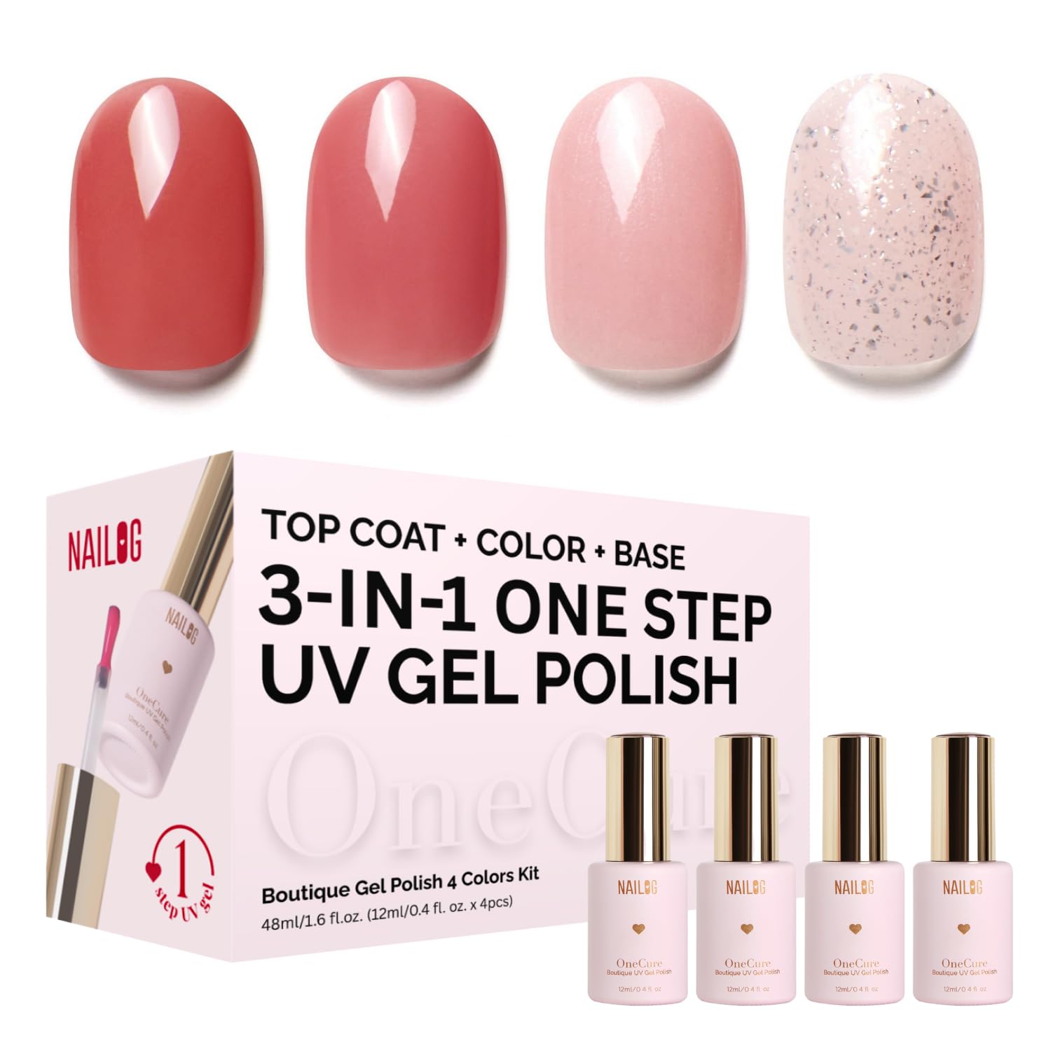 NAILOG Gel Nail Polish Set - 4 Colors Top Coat Color Gel Base 3-In-1 Soak Off UV Gel Polish Kit for Home DIY & Birthday Gifts for Women | Nude Sienna, Nude Rose, Nude Pink, Silver Flakie Pink