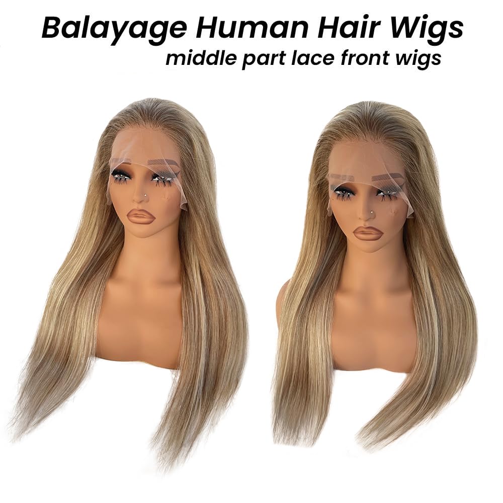 Highlight Ash Blonde Wig Human Hair 13x4 HD Balayage Glueless Wigs 150% Density Ash Brown to Platinum Blonde 18/60 with Brown Roots Highlights Lace Front Wigs Human Hair Pre Plucked 18 Inch for Women