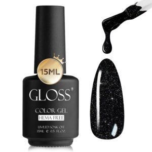 GLOSS Gel Nail Polish | Black Sparkle 15 ml 1 pcs - HEMA Free Nail Polish, Black Soak Off UV LED Gel Varnish, Gel Manicure Nail Art Design for Home & Salon Use, Perfect Holiday Gifts for Women & Girls