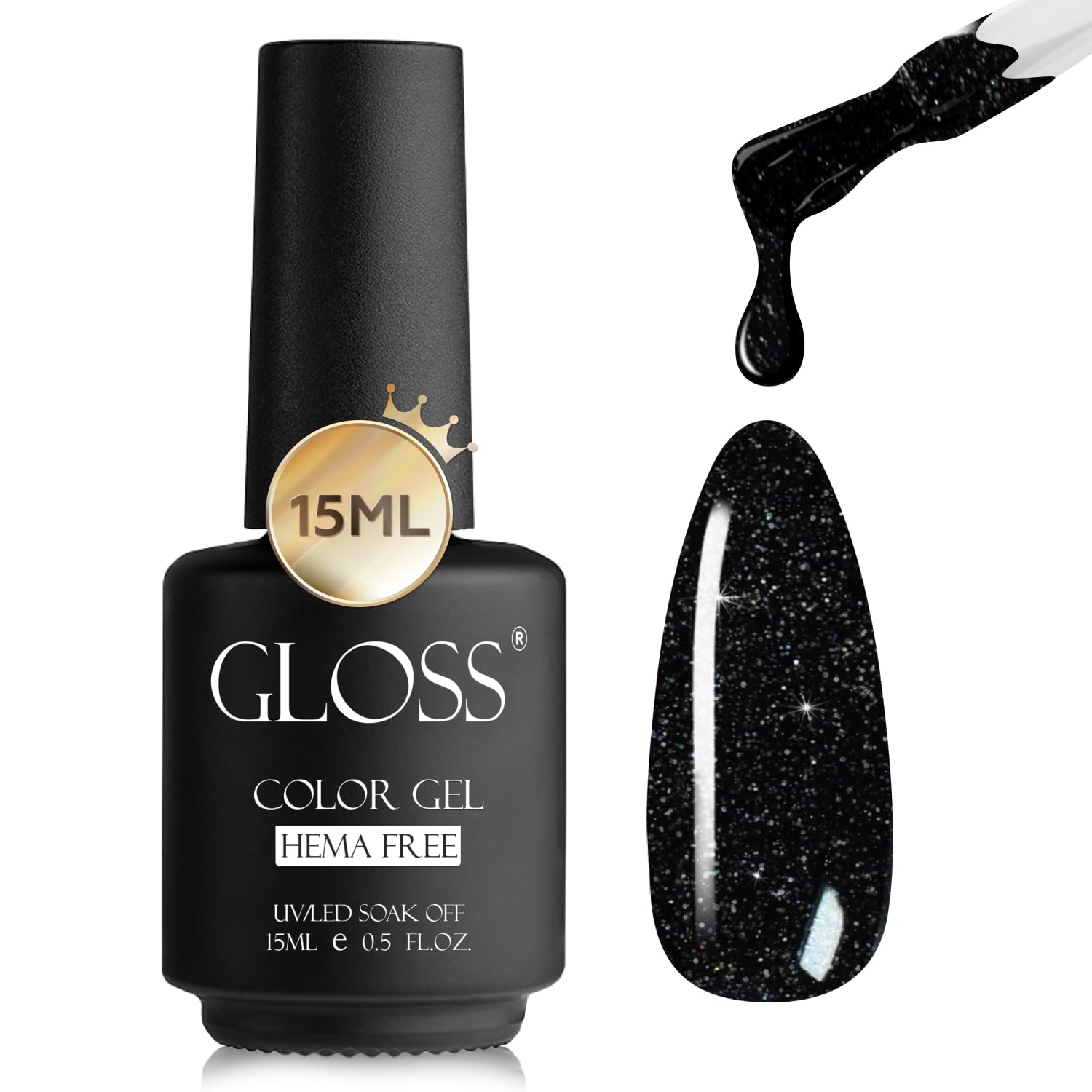 GLOSS Gel Nail Polish | Black Sparkle 15 ml 1 pcs - HEMA Free Nail Polish, Black Soak Off UV LED Gel Varnish, Gel Manicure Nail Art Design for Home & Salon Use, Perfect Holiday Gifts for Women & Girls