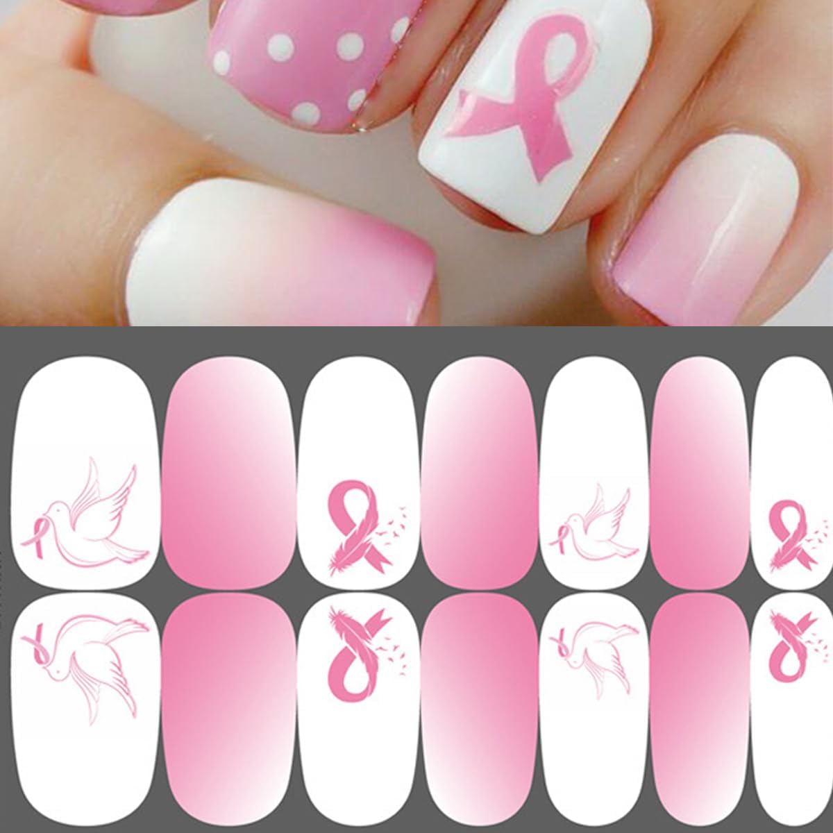6 Sheets Breast Cancer Awareness Gel Nail Stickers Breast Cancer Nail Polish Stickers Pink Ribbon Nail Wraps for Short Nails Gradient Pink Cute Nails Design Fall Holiday Nail Decals for Women Manicure - Image 2