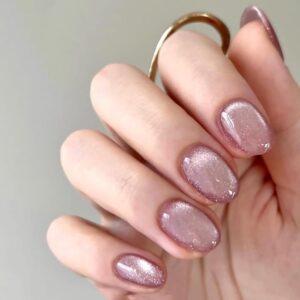 Short Almond Press on Nails Magnetic Fake Nails Velvet Round False Nails with Designs Pale Mauve Purple Nails Press on Acrylic Nails Glossy Glitter Stick on Nails for Women Girls DIY Manicure Art