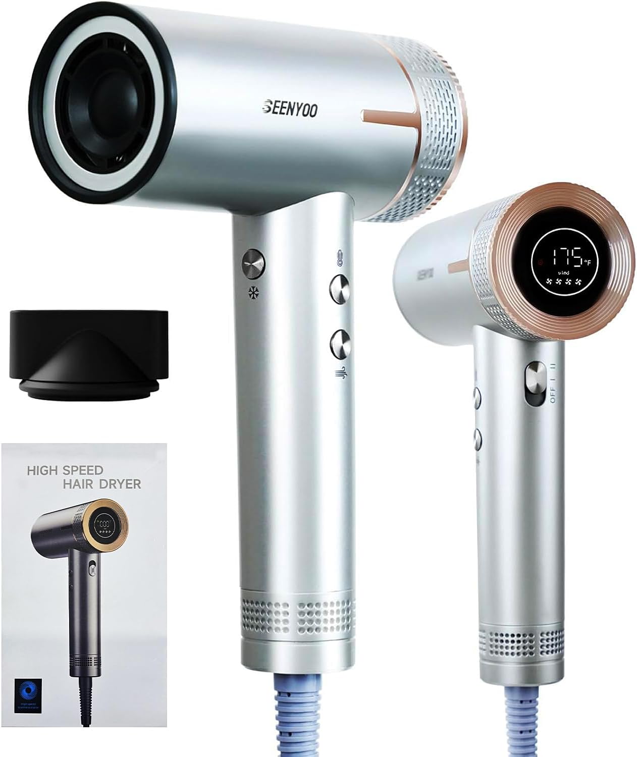 Hair Dryer, 160,000 RPM High Speed Fast Drying Low Noise Professional Ionic Blow Dryer with Magnetic Nozzle, HD Display for Salon Travel Home Use