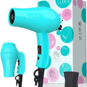 Portable Travel Hair Dryer, Mini Lightweight Dual Voltage Blow Dryer 1200W with Folding Handle, with One Concentrator (Blue)