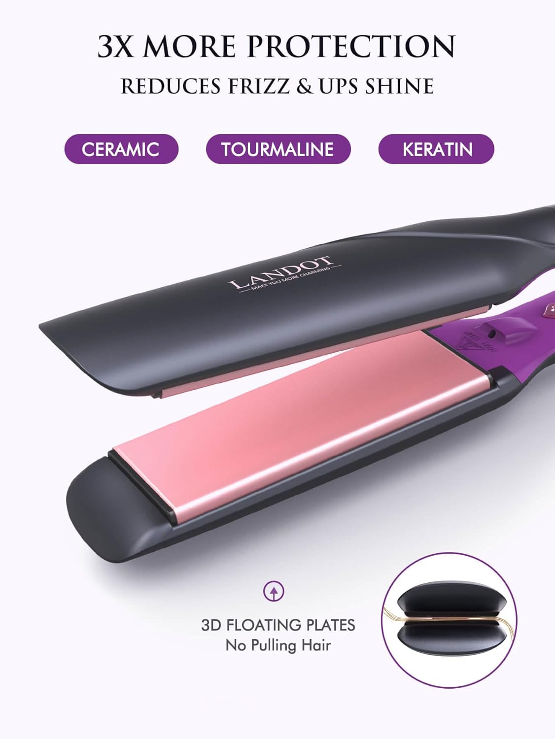 LANDOT Wide Flat Iron Hair Straightener for Fast Styling Thick/Long/Coarse Hair: 1-3/4 Inch Ceramic Straightener for Less Frizz, Smoother Shinier Results - Dual Voltage & 12 Temp Setting 250-450F - Image 3